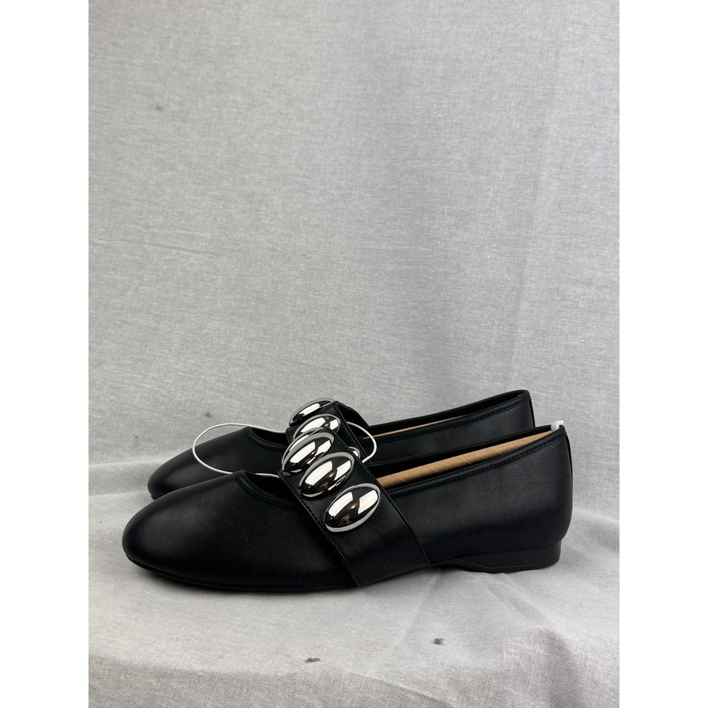 A New Day Genevieve Black Studded Bridge‎ Strap Ballet Flats Silver Studs 9.5